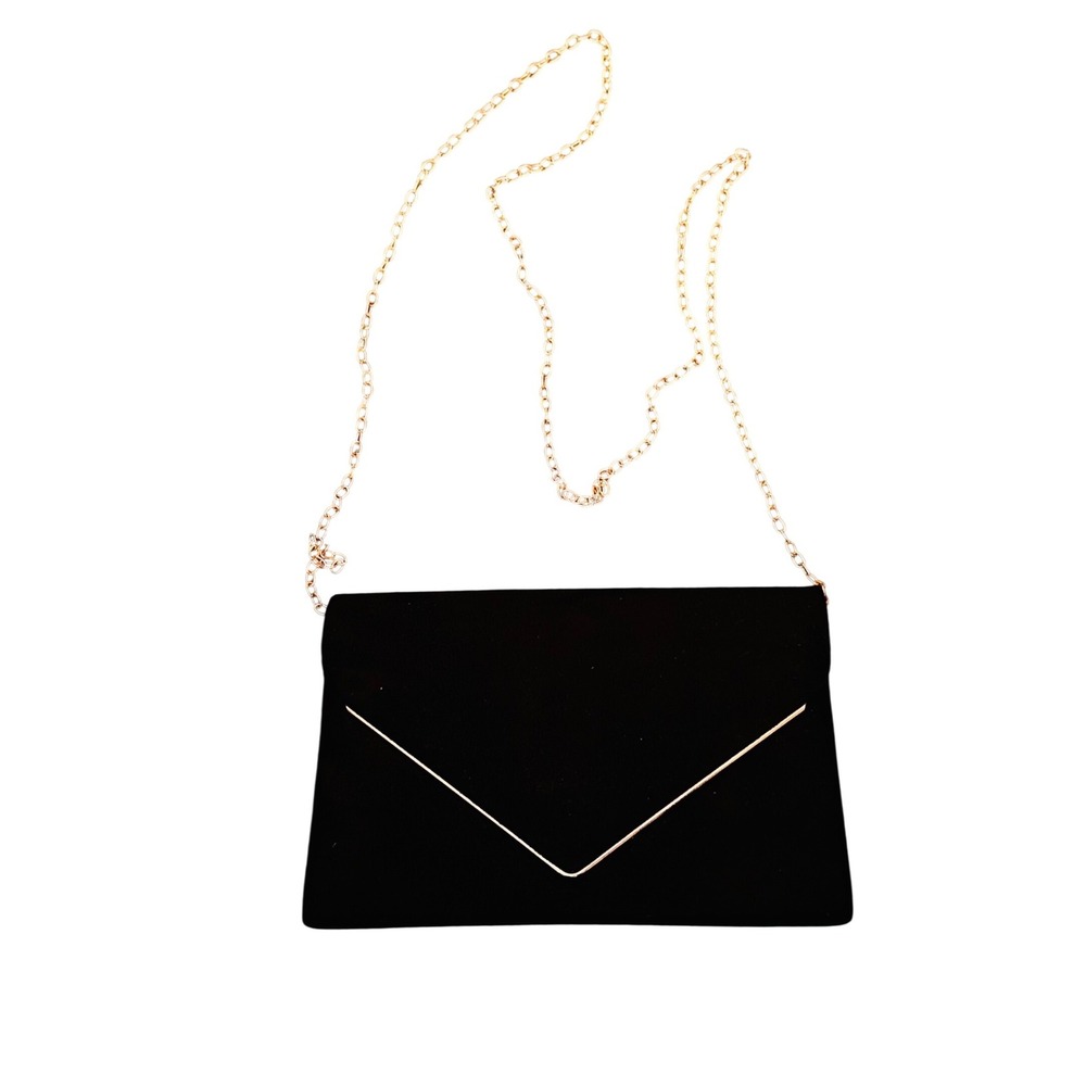 Formal black suede/faux‎ suede envelope clutch bag w/gold-tone chain strap